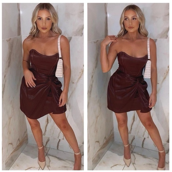 Brand new ZARA MINI OFF-SHOULDER DRAPED DRESS TOPSTITCHING BROWN  SIZE M - Picture 1 of 6